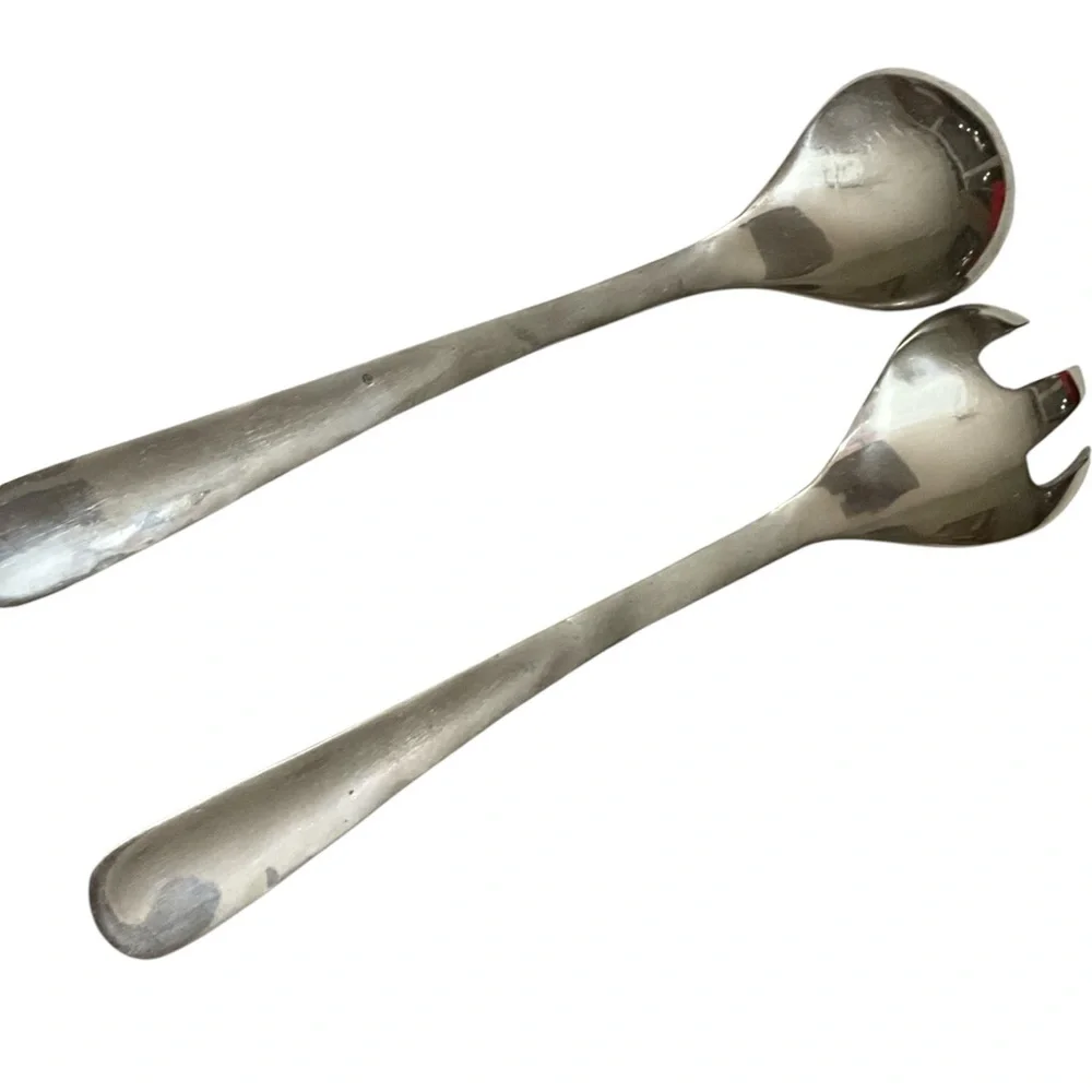Vintage Stainless Steel Salad Serving Set Large Spoon Fork Textured Handles
